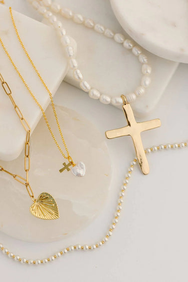 Delilah Chunky Gold Cross + Pearl Necklace